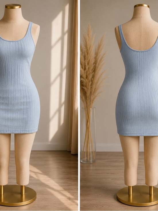 Dresses & Skirts - Scoop Neck Ribbed Bodycon Dress - Light Blue